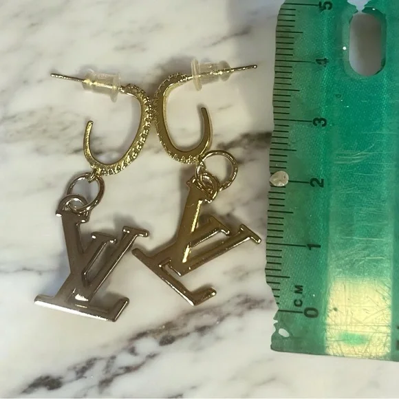 Upcycled LV Louis Vuitton Stamped Charm Dangle Earrings - Picture 8 of 9